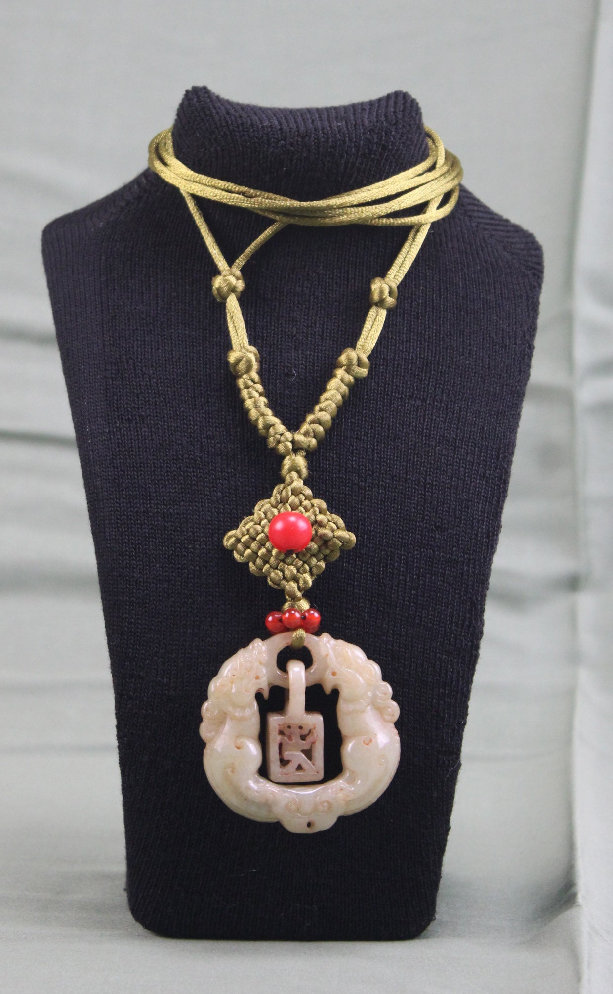 Antique Late Qing Dynasty Jade Pendant Necklace with Handmade Cord