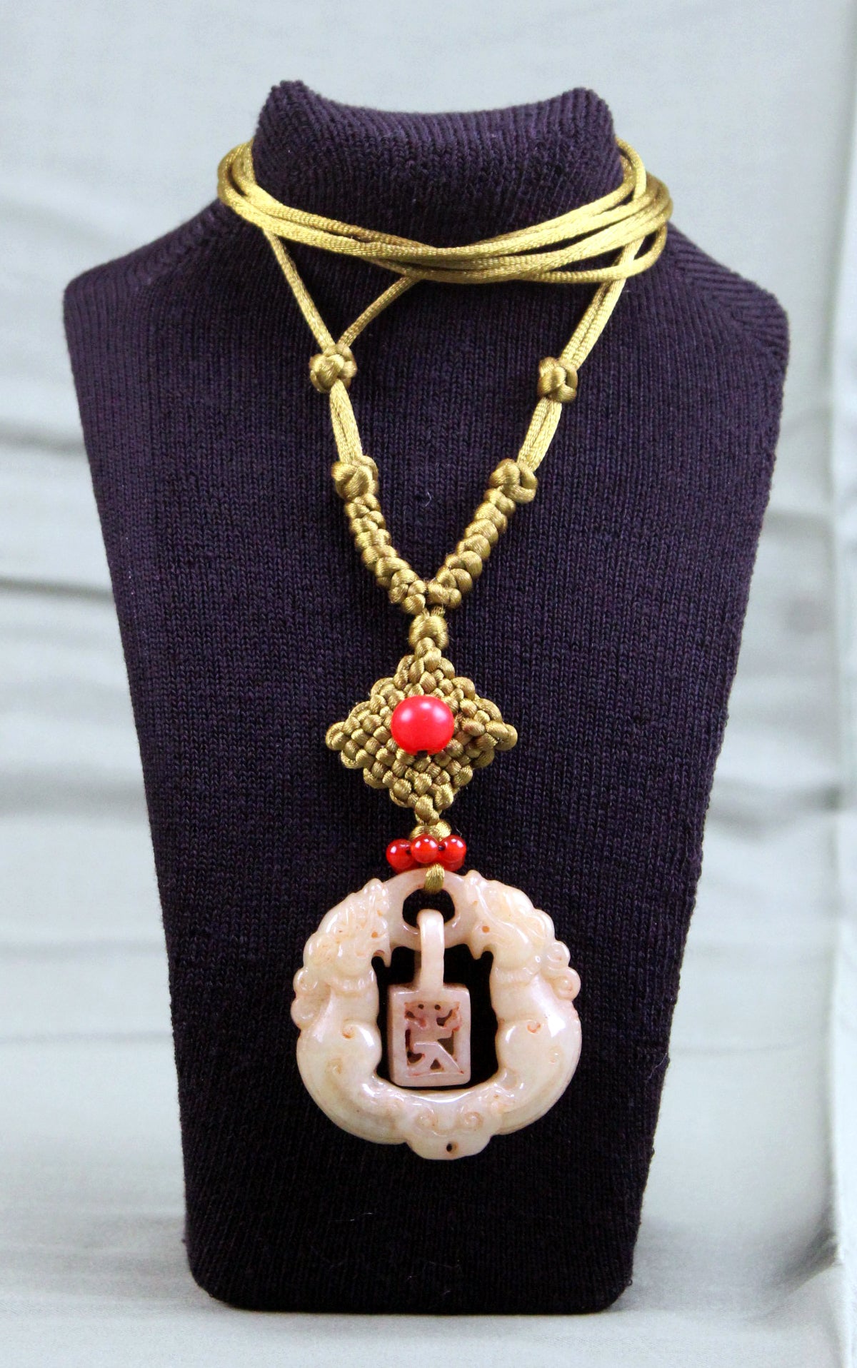 Antique Late Qing Dynasty Jade Pendant Necklace with Handmade Cord