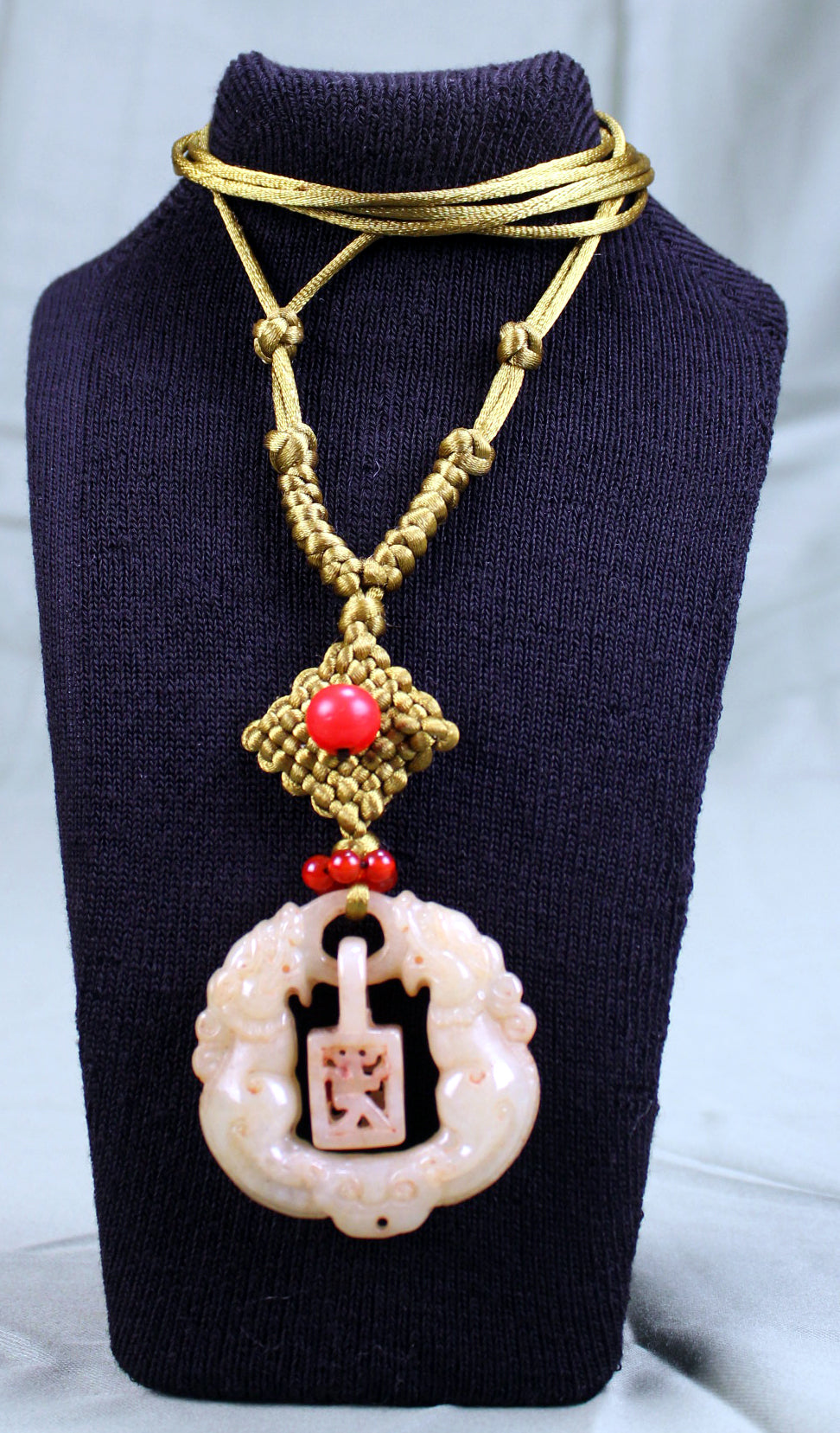 Antique Late Qing Dynasty Jade Pendant Necklace with Handmade Cord