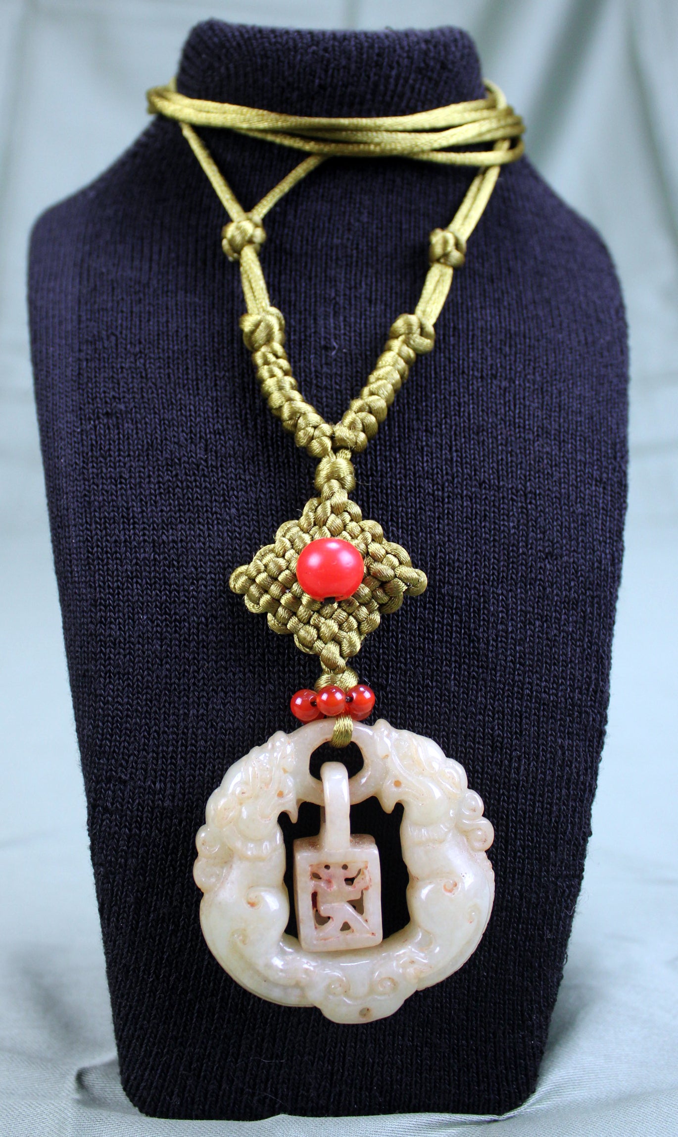 Antique Late Qing Dynasty Jade Pendant Necklace with Handmade Cord