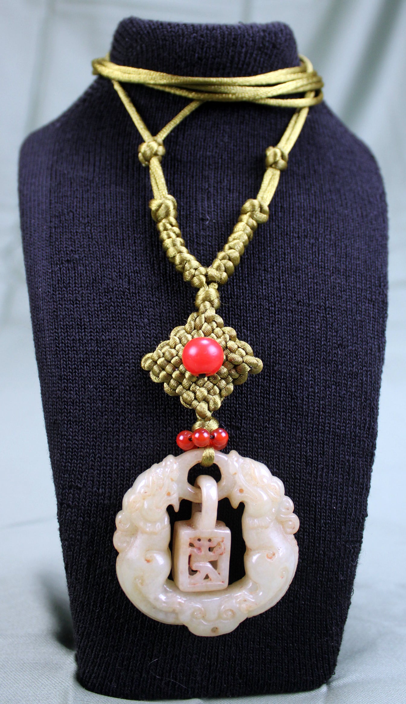 Antique Late Qing Dynasty Jade Pendant Necklace with Handmade Cord