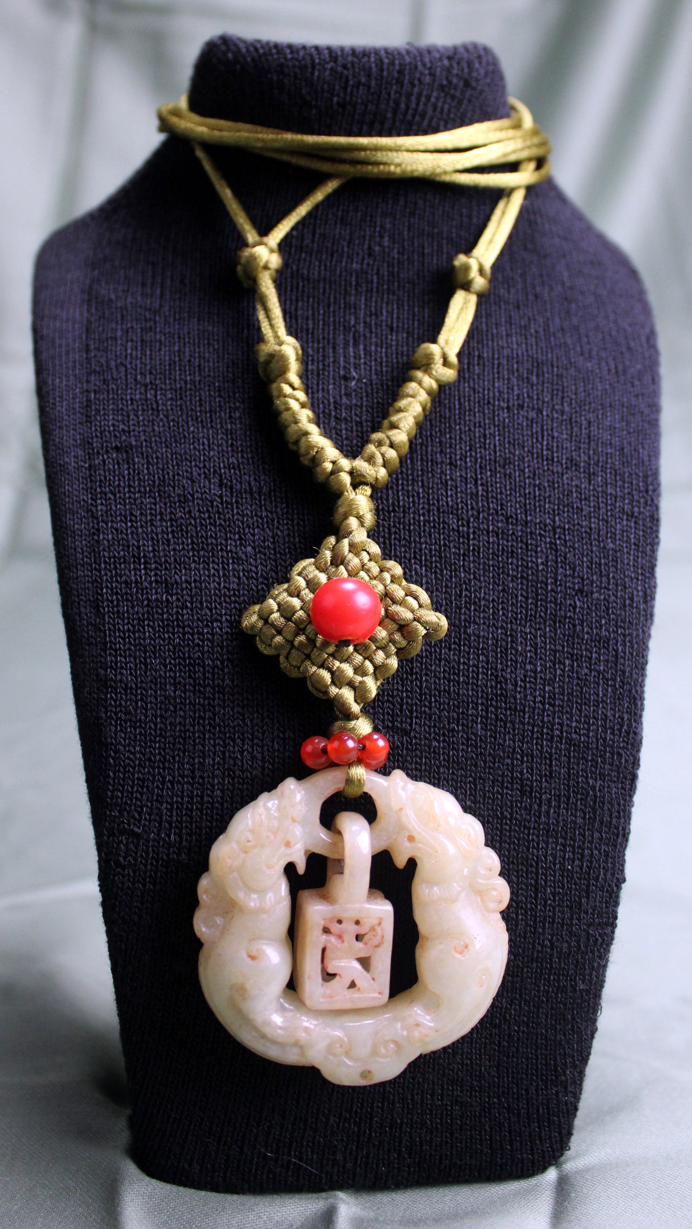 Antique Late Qing Dynasty Jade Pendant Necklace with Handmade Cord