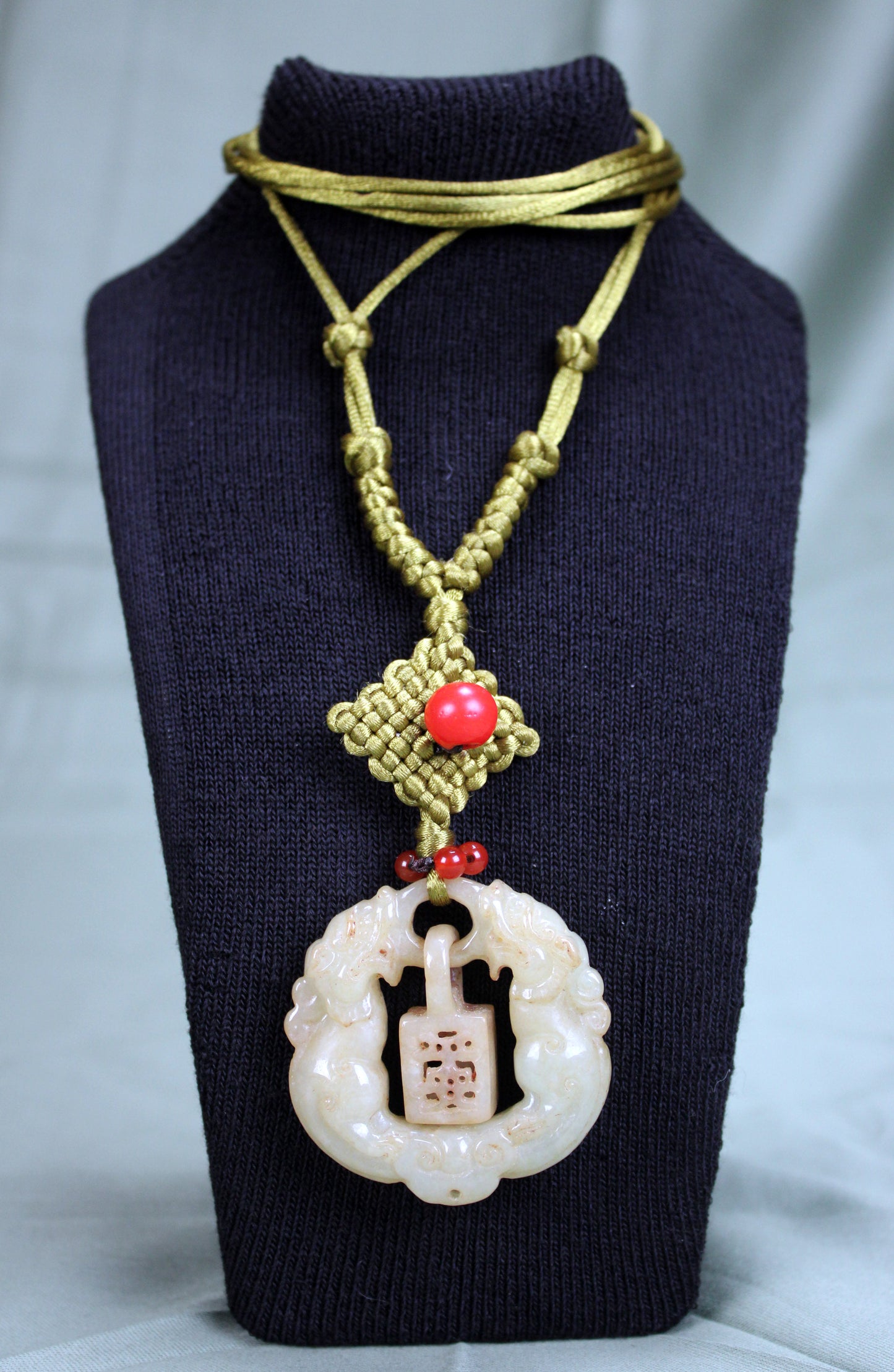 Antique Late Qing Dynasty Jade Pendant Necklace with Handmade Cord