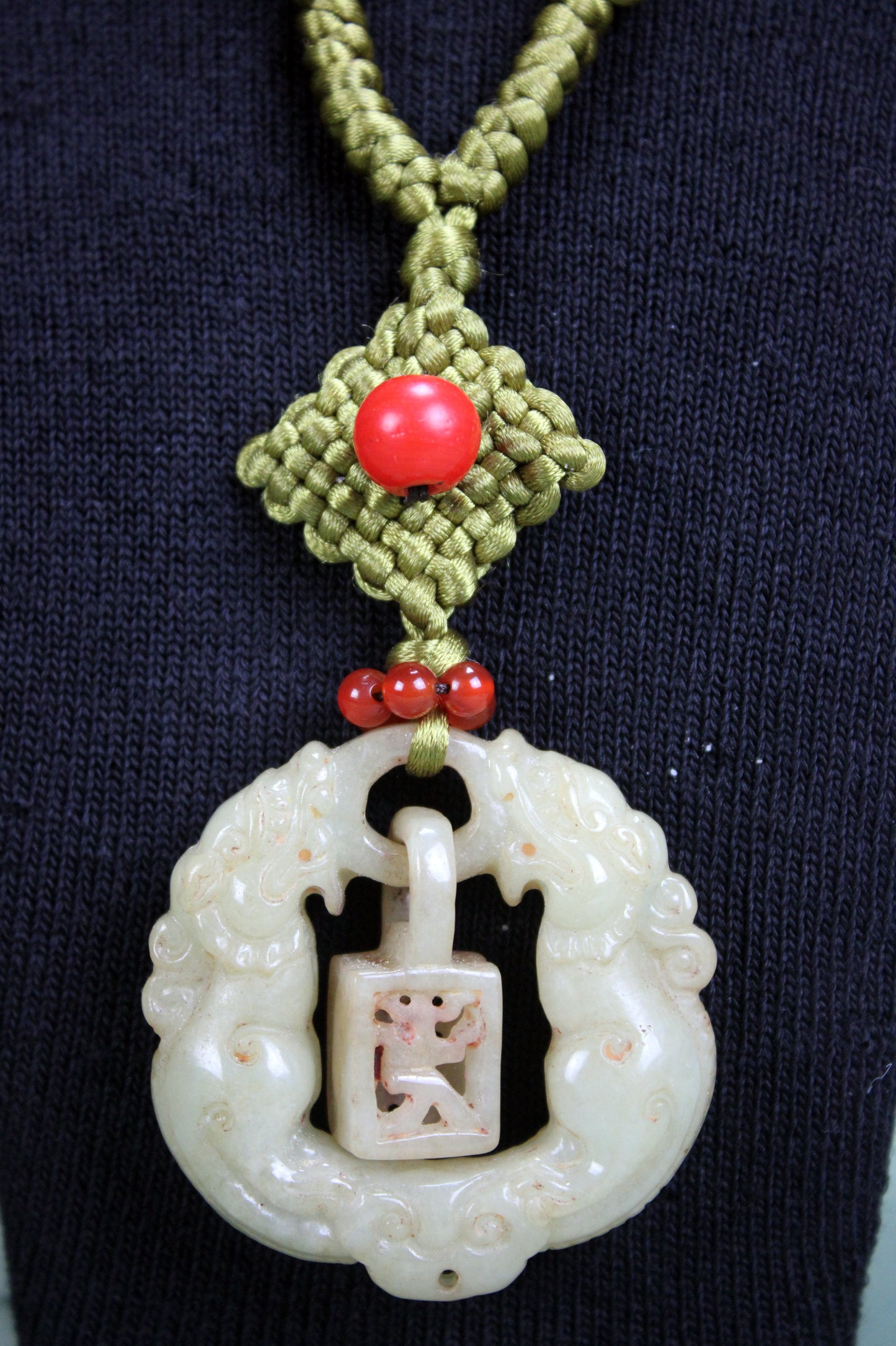 Antique Late Qing Dynasty Jade Pendant Necklace with Handmade Cord