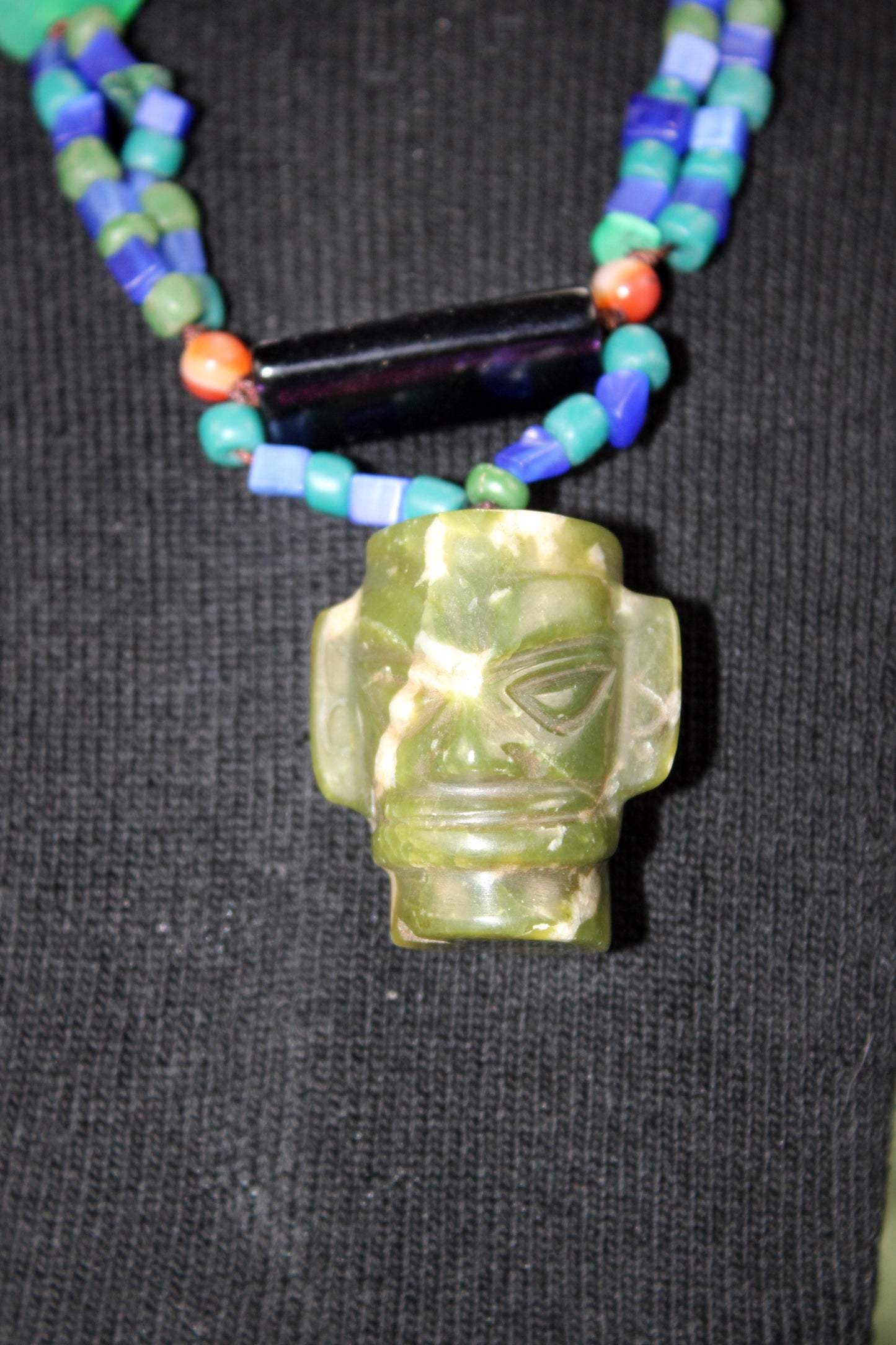 Handcrafted Sanxingdui-Inspired Necklace with Carved Green Stone Mask Pendant