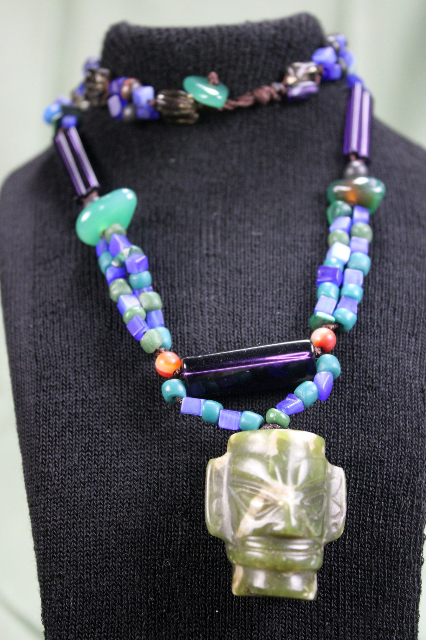 Handcrafted Sanxingdui-Inspired Necklace with Carved Green Stone Mask Pendant