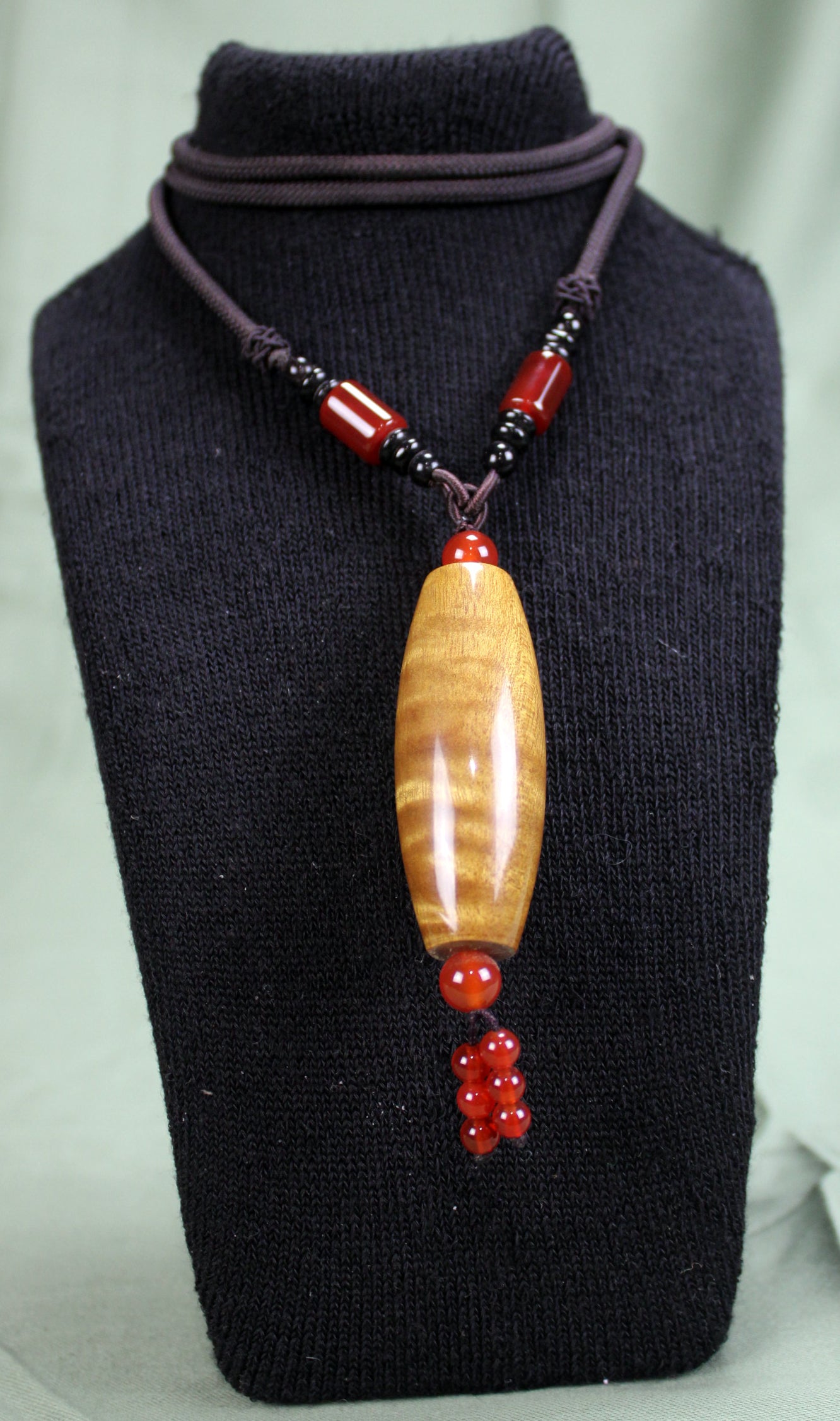 Golden Phoebe Wood Dzi Pendant Necklace with Red Agate Accents