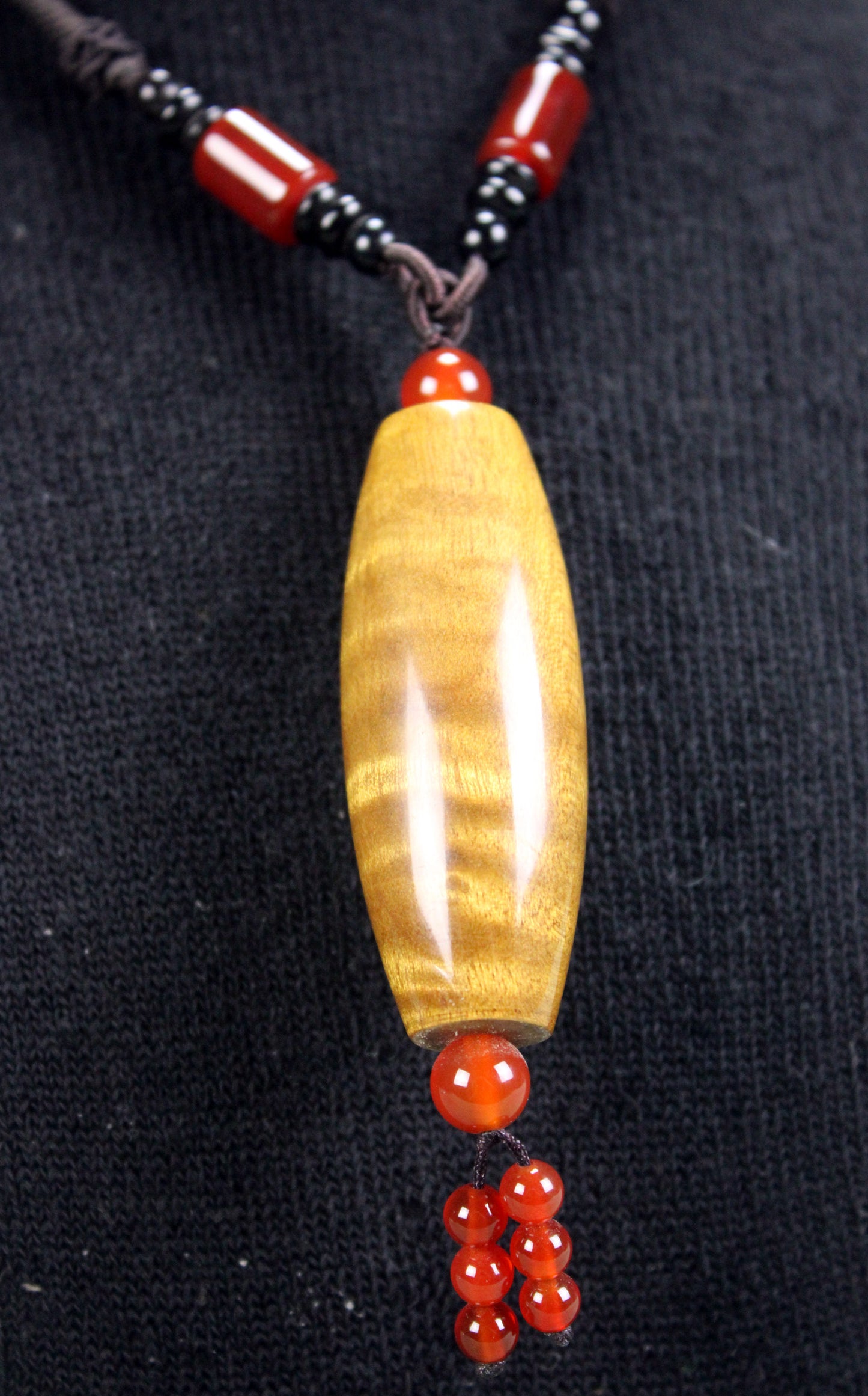Golden Phoebe Wood Dzi Pendant Necklace with Red Agate Accents