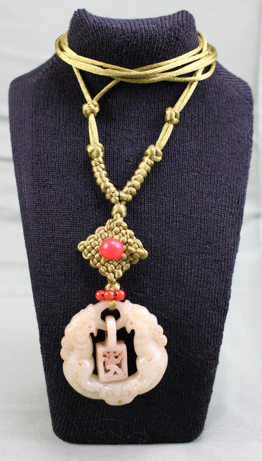 Antique Late Qing Dynasty Jade Pendant Necklace with Handmade Cord