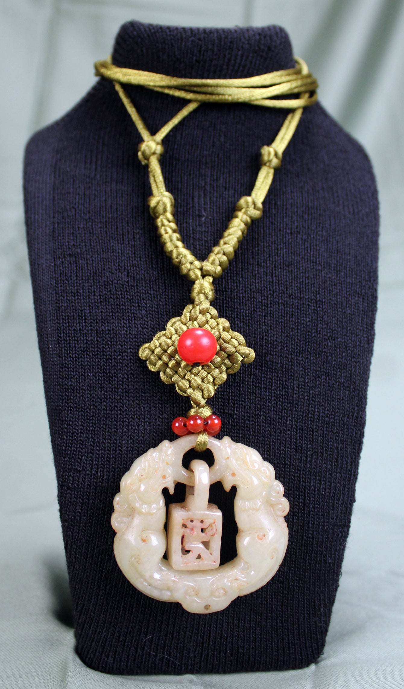 Antique Late Qing Dynasty Jade Pendant Necklace with Handmade Cord