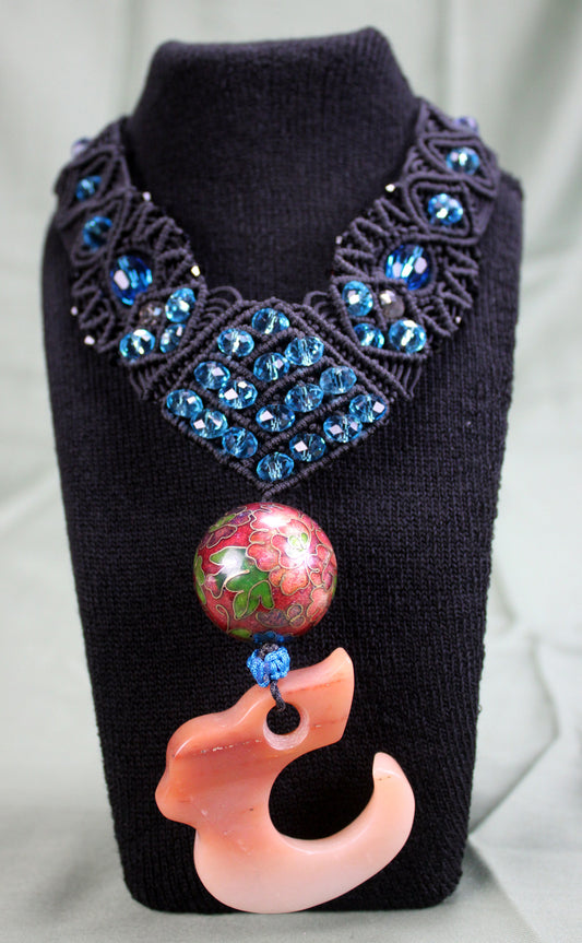 Handwoven Necklace with Red Dragon Jade Pendant and Floral Cloisonné Bead