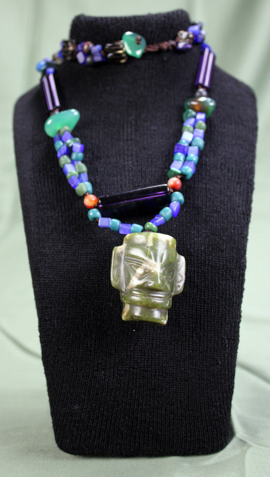 Handcrafted Sanxingdui-Inspired Necklace with Carved Green Stone Mask Pendant