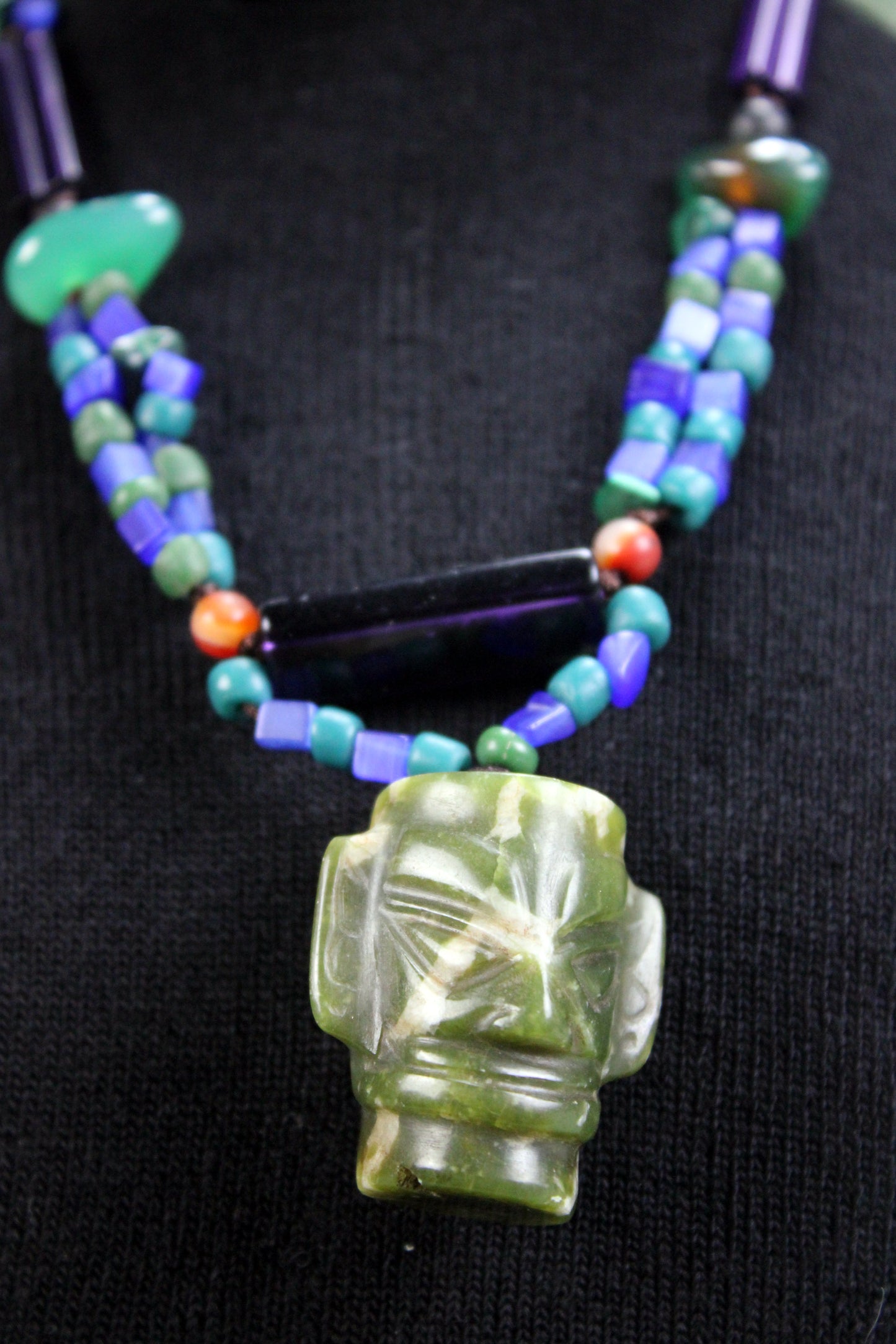 Handcrafted Sanxingdui-Inspired Necklace with Carved Green Stone Mask Pendant