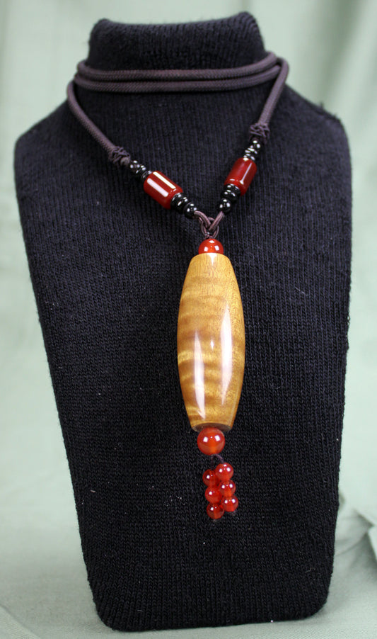 Golden Phoebe Wood Dzi Pendant Necklace with Red Agate Accents